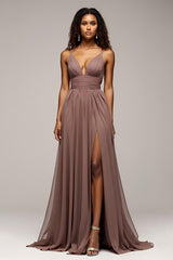 Dusk V-Ausschnitt A Linie Langes Abendkleid mit Schlitz
