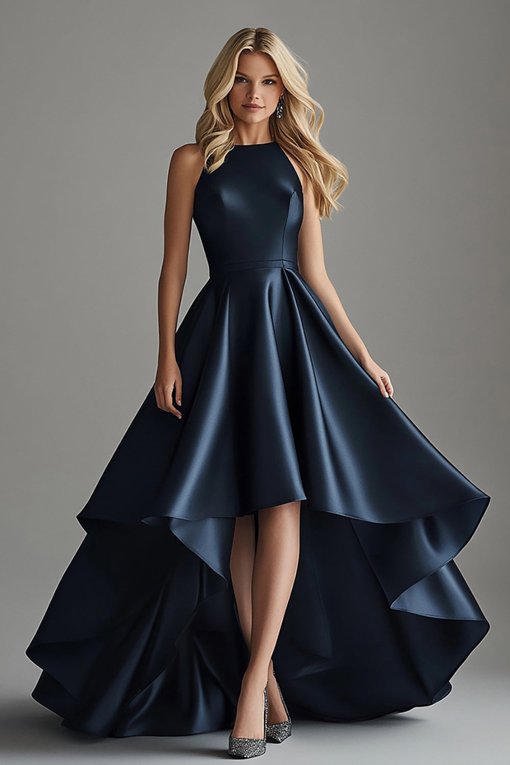 ZAPAKA Damen Marineblaues Partykleid Satin A Linie U-Boot-Ausschnitt Asymmetrisches Langes Abendkleid mit Rüschen