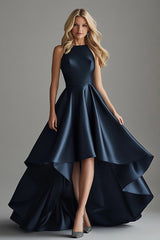 ZAPAKA Damen Marineblaues Partykleid Satin A Linie U-Boot-Ausschnitt Asymmetrisches Langes Abendkleid mit Rüschen