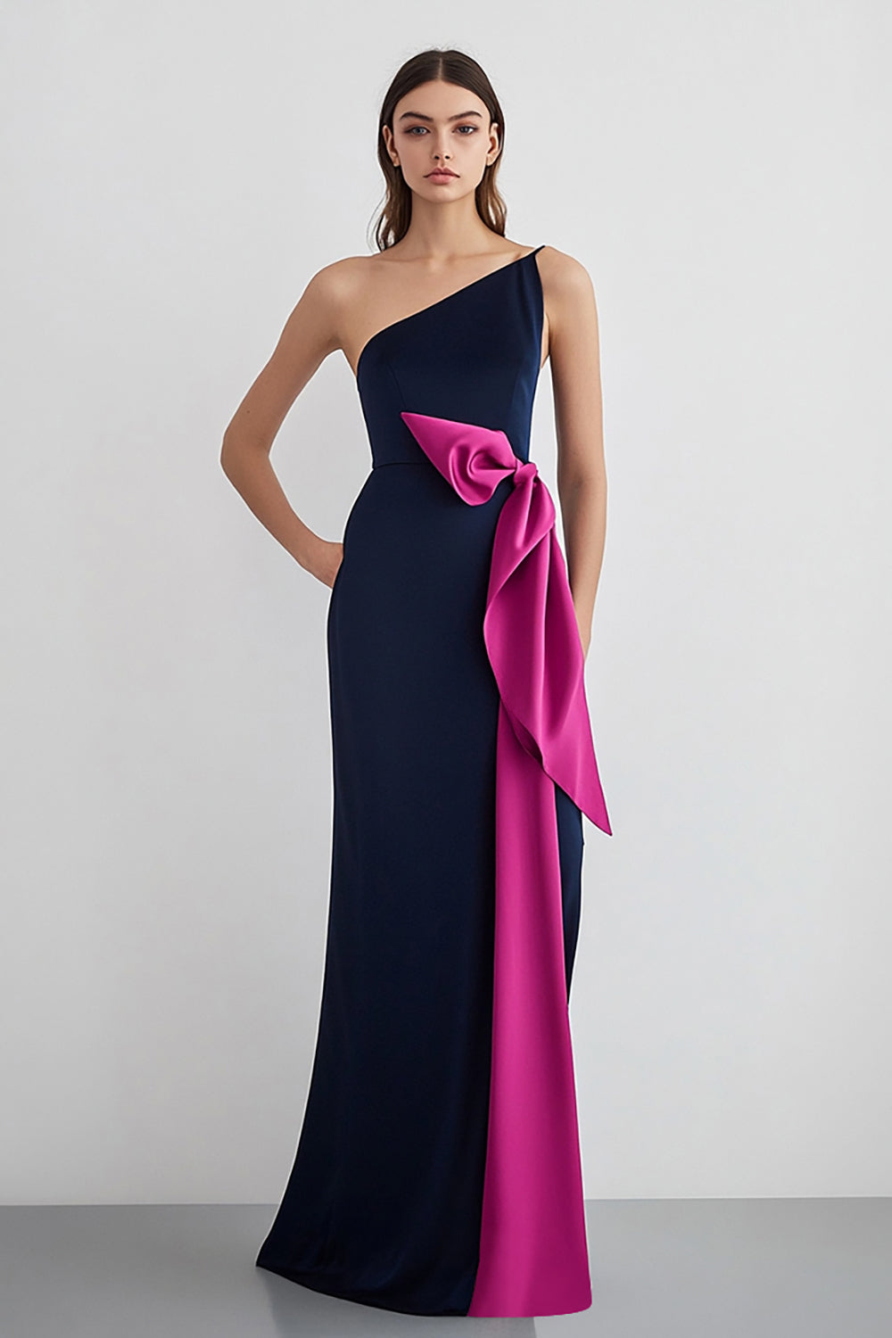 Langes Marineblaues Eine Schulter Abendkleid mit Schleifen