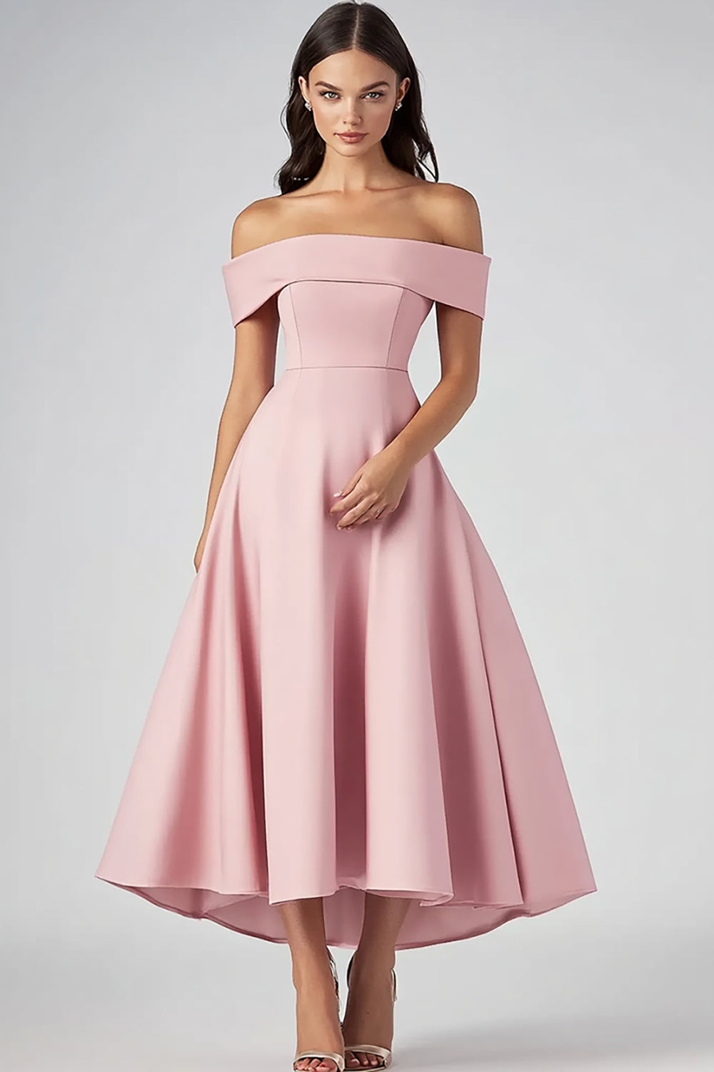 Rosa Schulterfreies Satin Partykleid in A-Linie