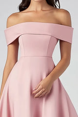 Rosa Schulterfreies Satin Partykleid in A-Linie