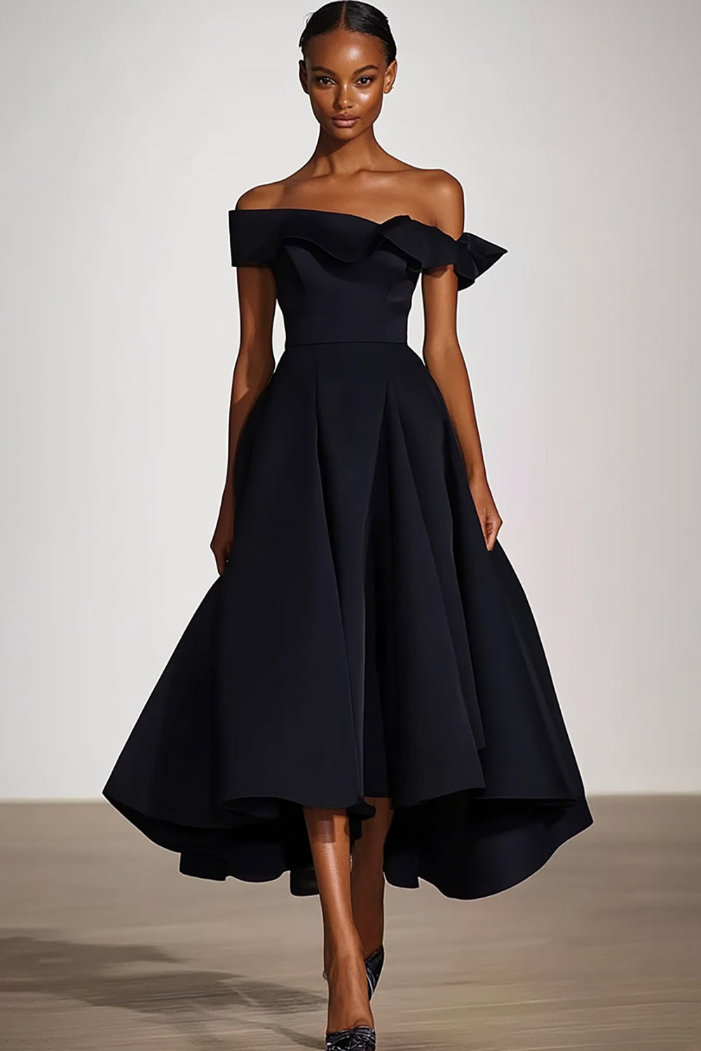 Frauen Schwarzes Formelles Kleid Schulterfreies A-Linie Satin Gerafftes Partykleid