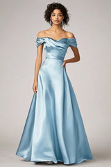 Himmelblaues Schulterfreies Satin Ballkleid in A-Linie