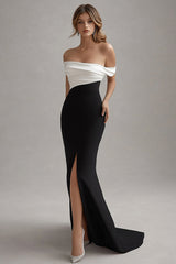Schulterfreies Schwarzes Krawattenkleid aus mattem Satin