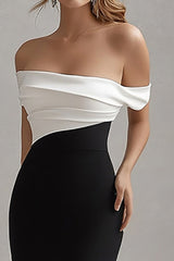 Schulterfreies Schwarzes Krawattenkleid aus mattem Satin