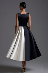 A Linie Schwarzes Satin Partykleid mit U-Boot-Ausschnitt