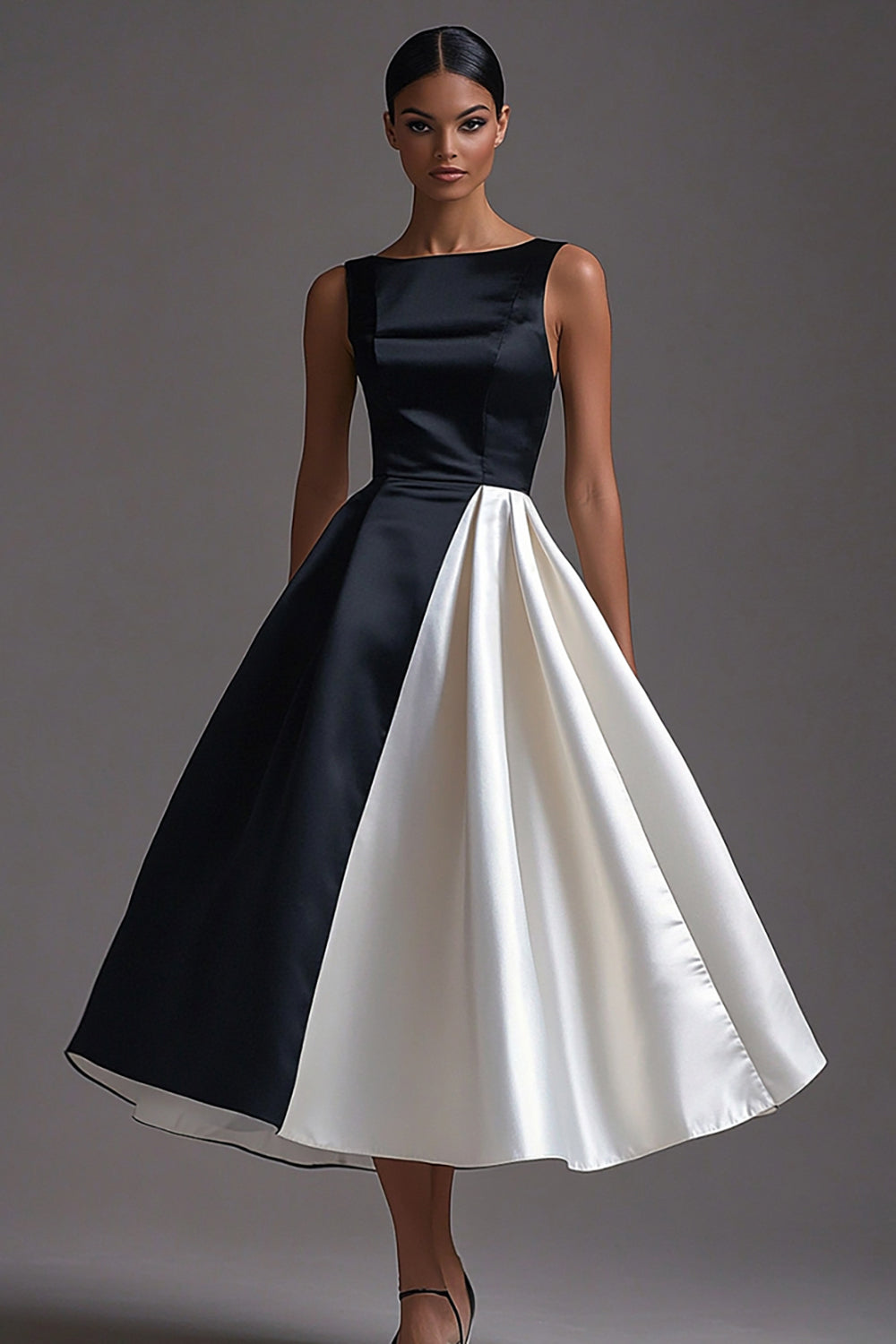 A Linie Schwarzes Satin Partykleid mit U-Boot-Ausschnitt