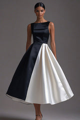 A Linie Schwarzes Satin Partykleid mit U-Boot-Ausschnitt