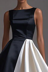 A Linie Schwarzes Satin Partykleid mit U-Boot-Ausschnitt