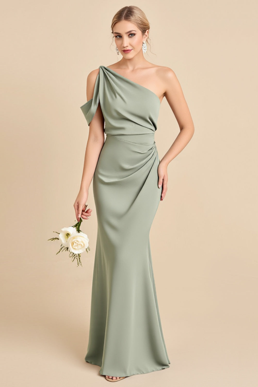 Matcha Eine Schulter Meerjungfrau Langes Satin Brautjungfernkleid