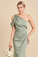 Matcha Eine Schulter Meerjungfrau Langes Satin Brautjungfernkleid