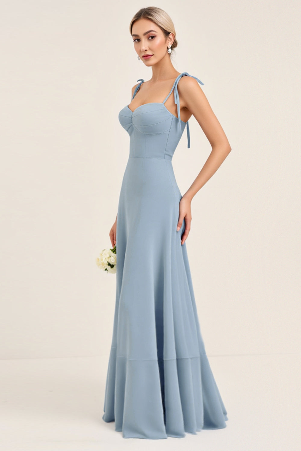 A Line Himmelblaues Chiffon Spaghettiträger Langes Brautjungfernkleid