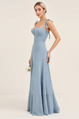 A Line Himmelblaues Chiffon Spaghettiträger Langes Brautjungfernkleid