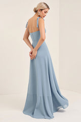 A Line Himmelblaues Chiffon Spaghettiträger Langes Brautjungfernkleid