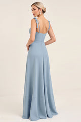 A Line Himmelblaues Chiffon Spaghettiträger Langes Brautjungfernkleid