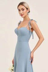A Line Himmelblaues Chiffon Spaghettiträger Langes Brautjungfernkleid