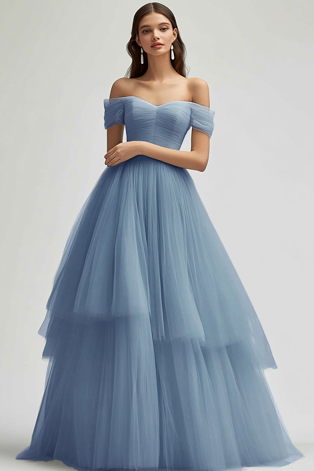Schulterfreies Graublaues Langes Ballkleid aus Tüll in A-Linie