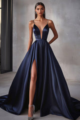 Marineblaues Satin A-Linie Spaghettiträger Langes Ballkleid mit Schlitz