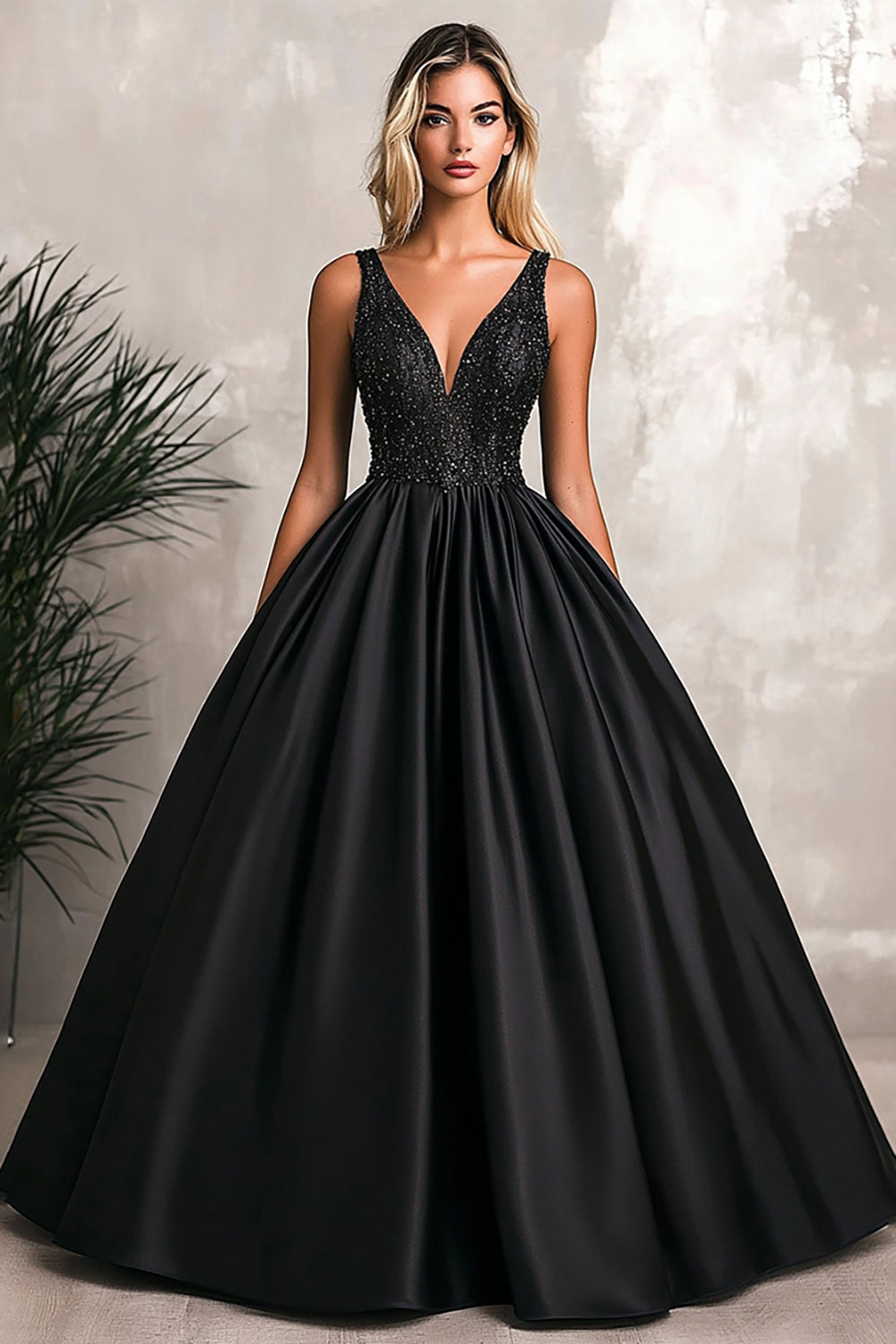 Glitzerndes A-Linie Schwarzes Ballkleid aus Satin mit V-Ausschnitt und Pailletten