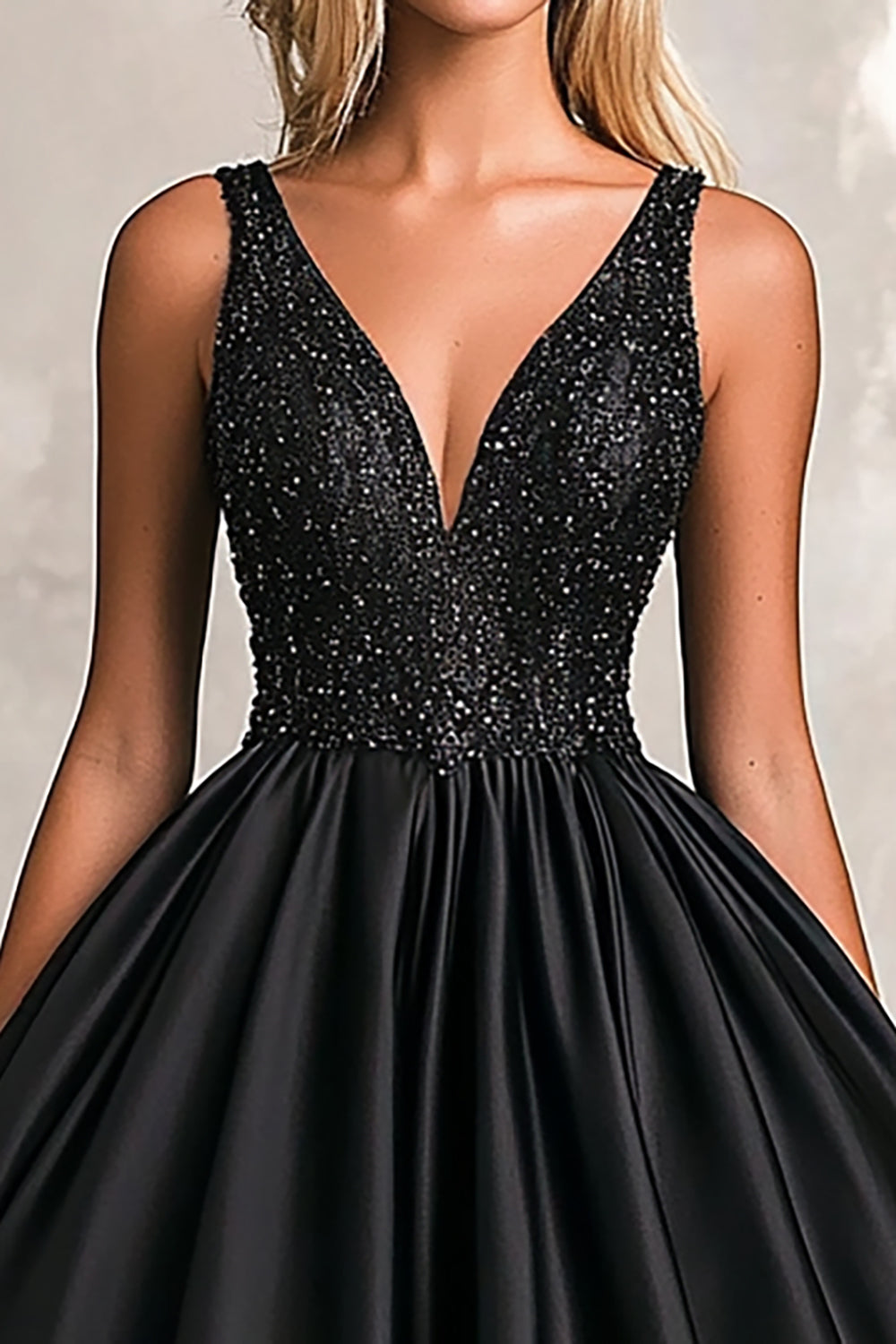 Glitzerndes A-Linie Schwarzes Ballkleid aus Satin mit V-Ausschnitt und Pailletten