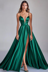Dunkelgrünes A-Linie paghettiträger Satin Langes Ballkleid mit Schlitz