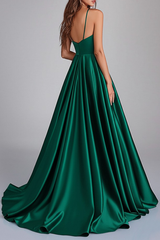 Dunkelgrünes A-Linie paghettiträger Satin Langes Ballkleid mit Schlitz