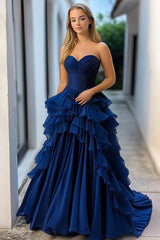 A Linie Marineblaues Trägerloses Gestuftes Übergröße Langes Ballkleid