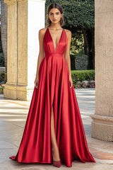 A Linie Spaghettiträger Rotes Übergröße Langes Ballkleid mit Schlitz