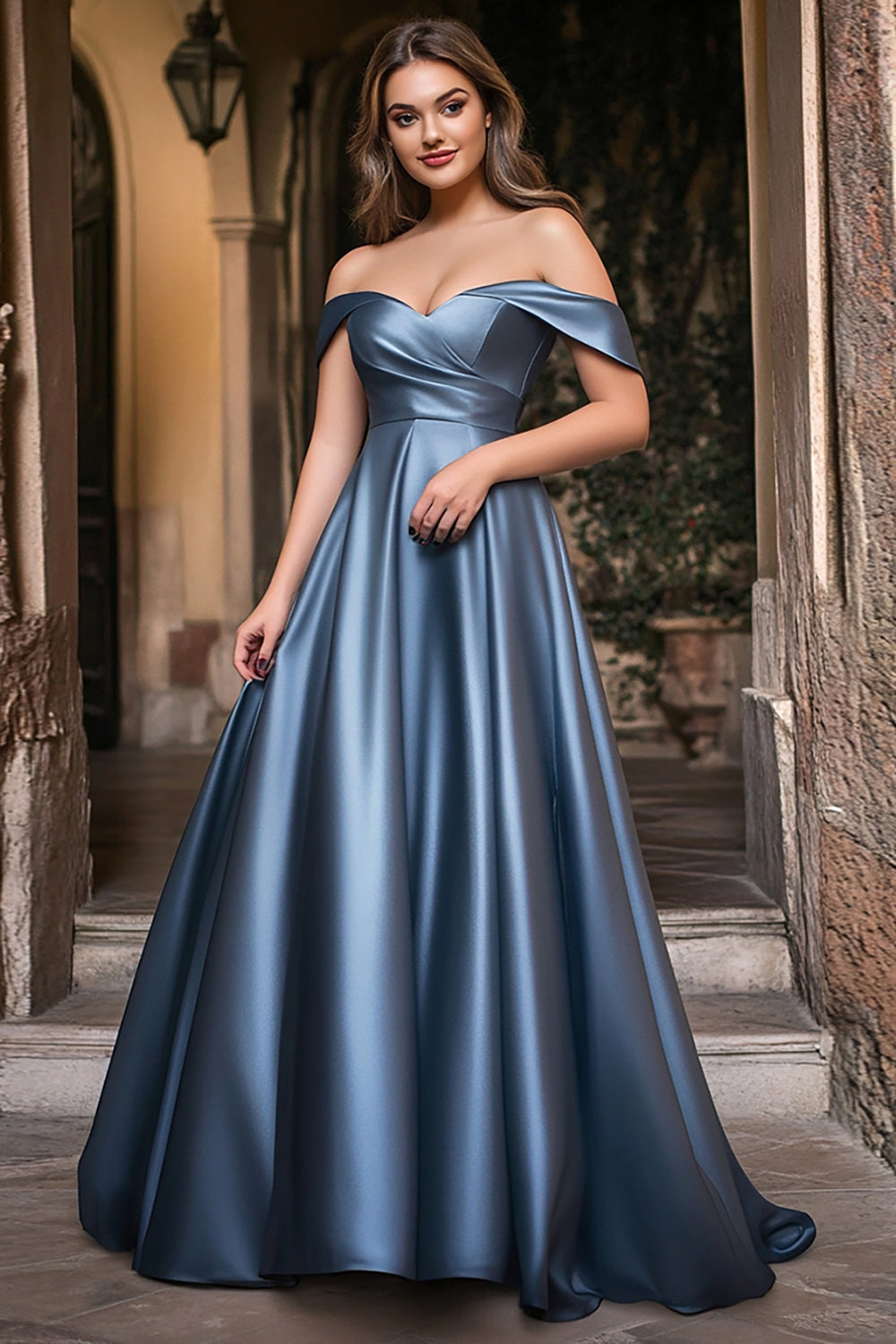 A Linie Staubblaues Schulterfreies Plissee Übergröße Langes Ballkleid
