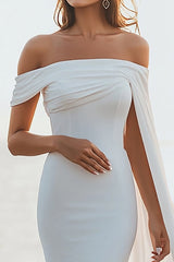 Weißes Etui Schulterfreies Langes Standesamtkleid mit Umhang