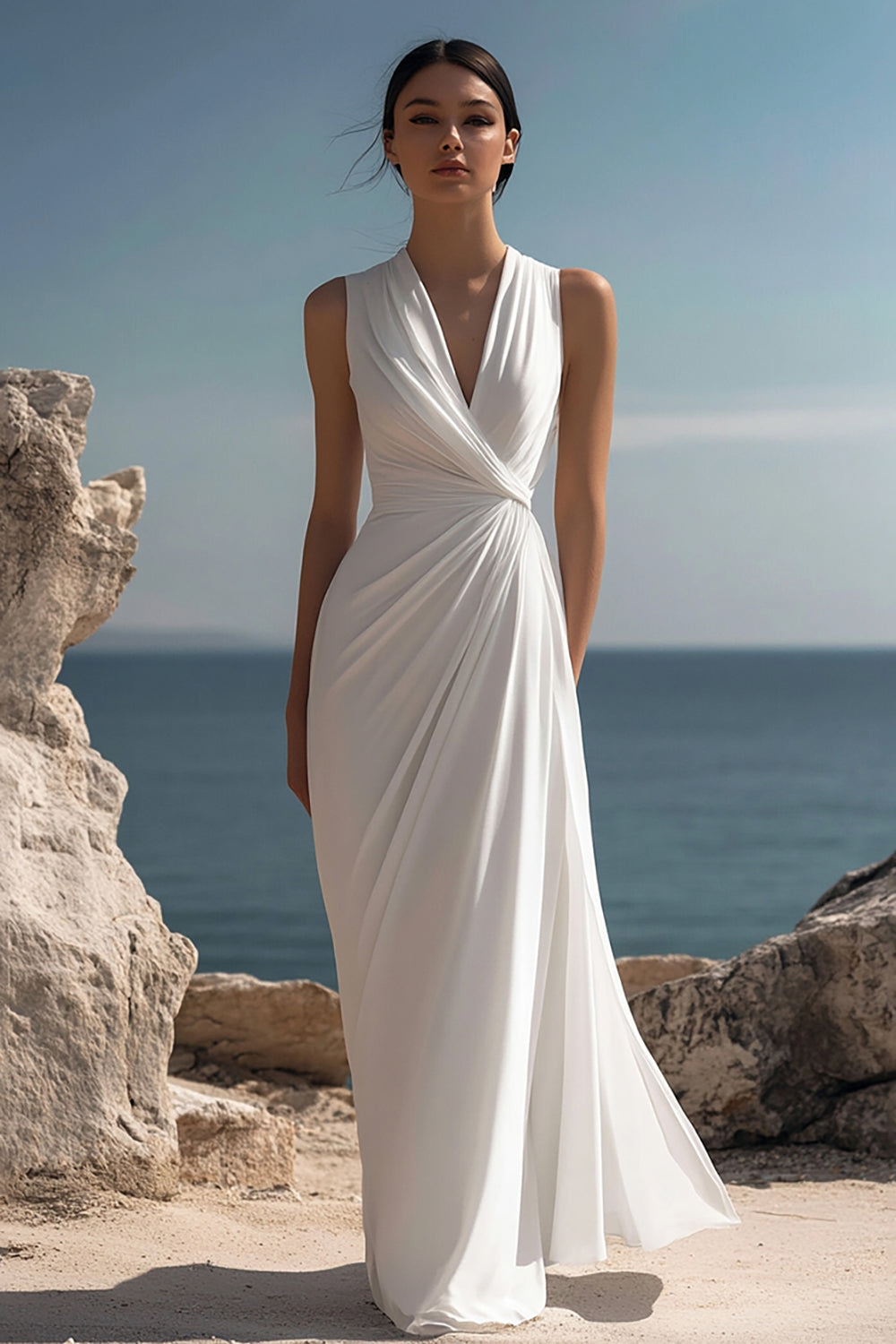 Weißes Langes Standesamtkleid mit V-Ausschnitt und Rüschen