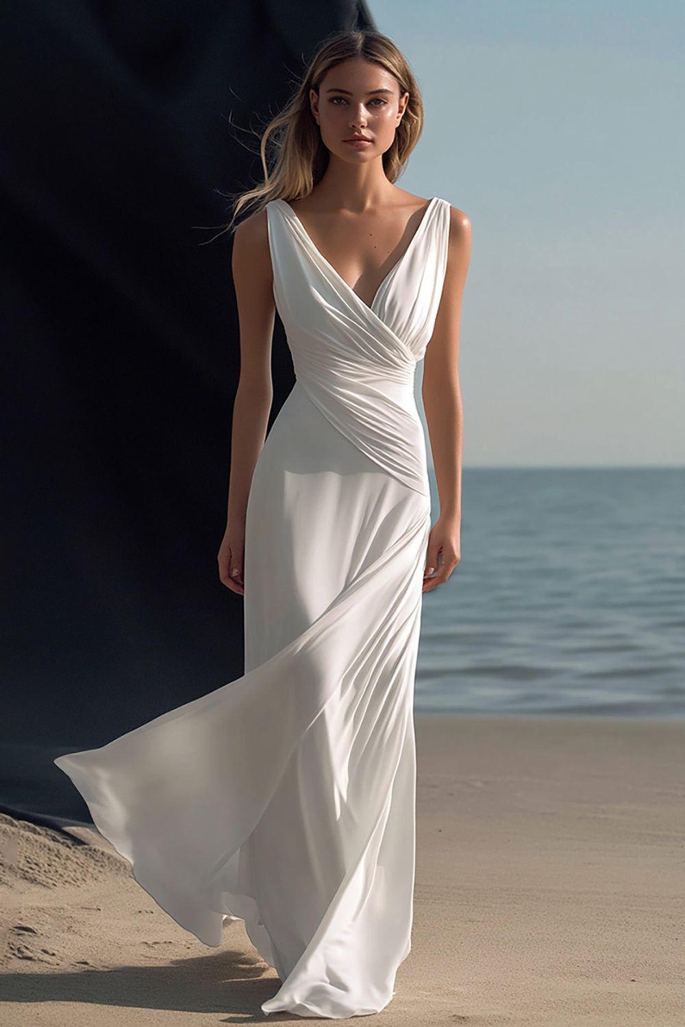 Weißes Langes Etui Boho Strandkleid mit V-Ausschnitt