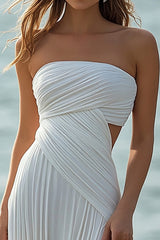 Trägerloses Weißes A-Linie Boho Strandkleid mit Schlitz