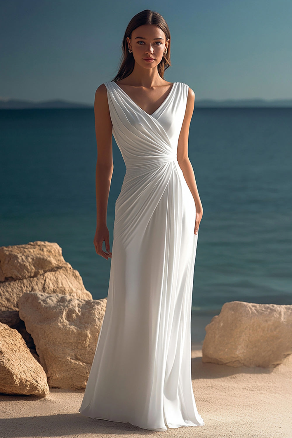 Elegantes Weißes Gerafftes Chiffon Boho Strandkleid mit V-Ausschnitt