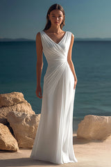 Elegantes Weißes Gerafftes Chiffon Boho Strandkleid mit V-Ausschnitt