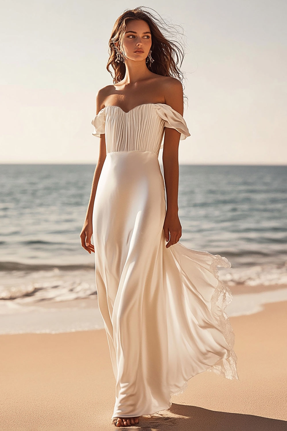 Schulterfreies Etui Satin Langes Standesamtkleid