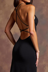 Schwarzes Spaghettiträger Satin Langes Ballkleid mit Schlitz