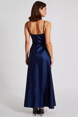 Marineblaues Satin Ballkleid mit Spaghettiträgern in A-Linie