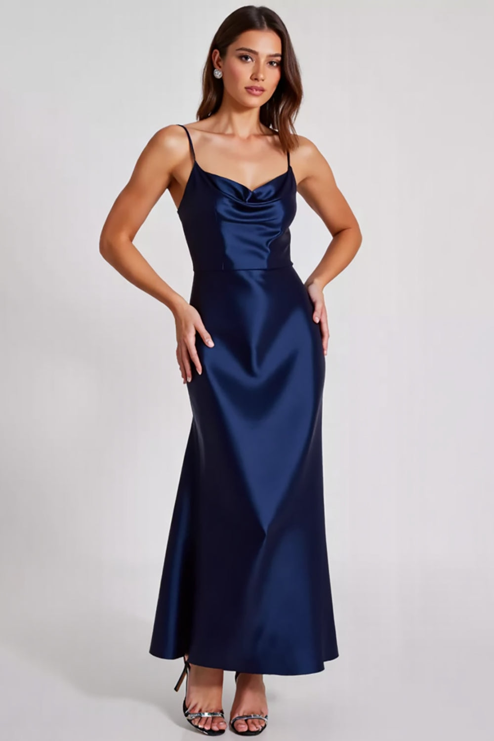 Marineblaues Satin Ballkleid mit Spaghettiträgern in A-Linie