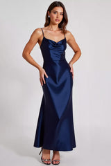Marineblaues Satin Ballkleid mit Spaghettiträgern in A-Linie
