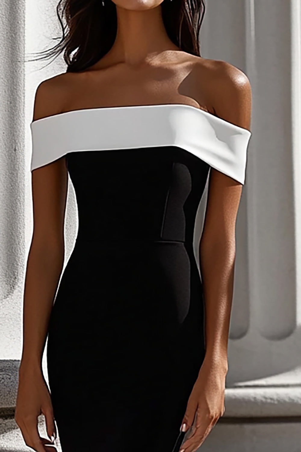 Schwarz Weiß Meerjungfrau Schulterfreies Ballkleid