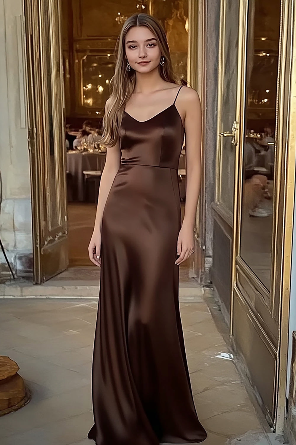 Spaghettiträger Kaffee Satin Langes Ballkleid