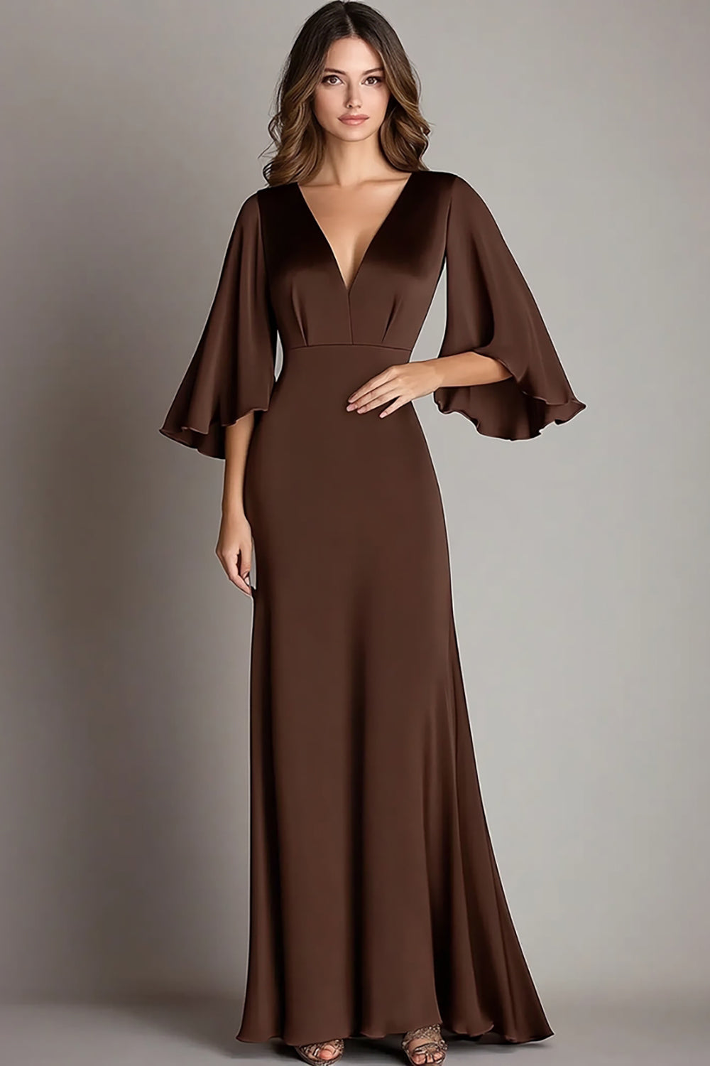Kaffee Satin Etui V-Ausschnitt 3/4 Ärmel Festliches Kleid
