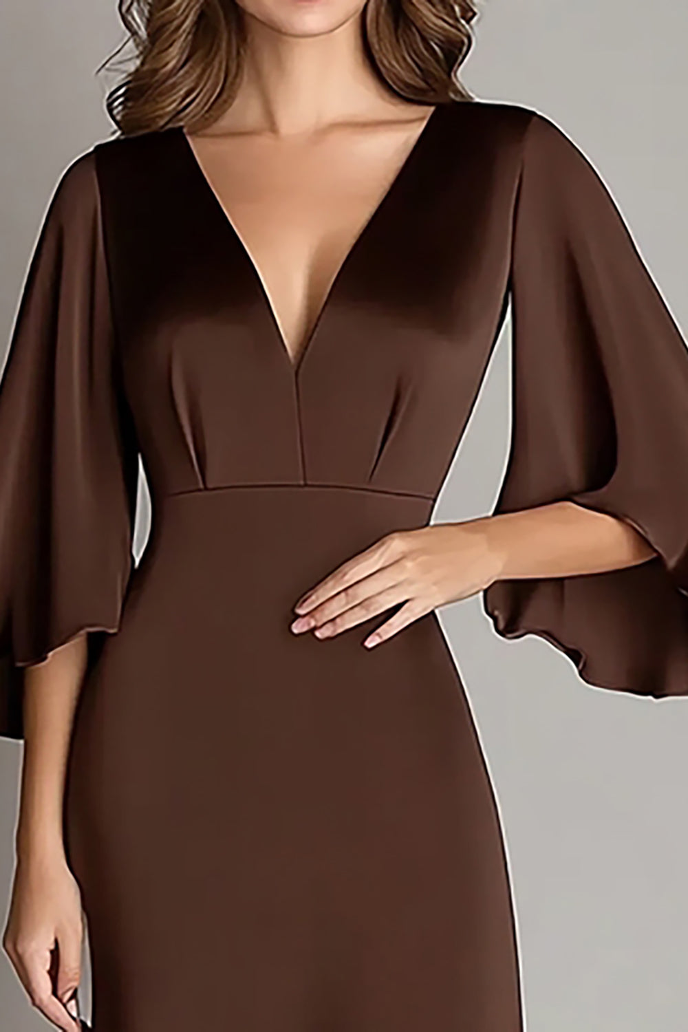 Kaffee Satin Etui V-Ausschnitt 3/4 Ärmel Festliches Kleid