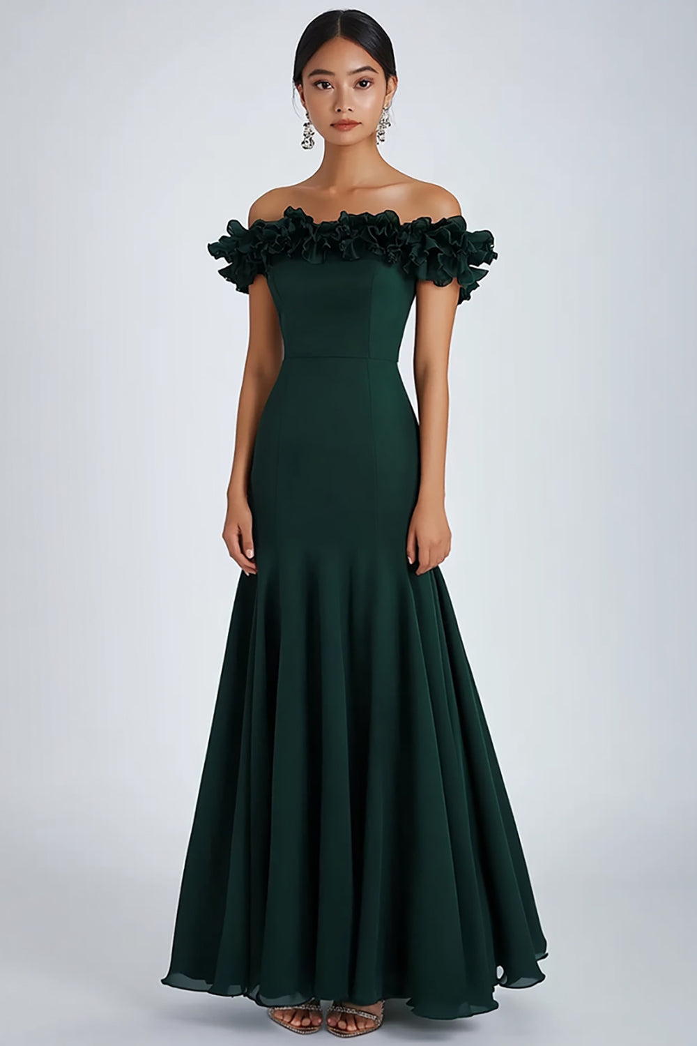 Dunkelgrünes Schulterfreies Ballkleid mit Rüschen