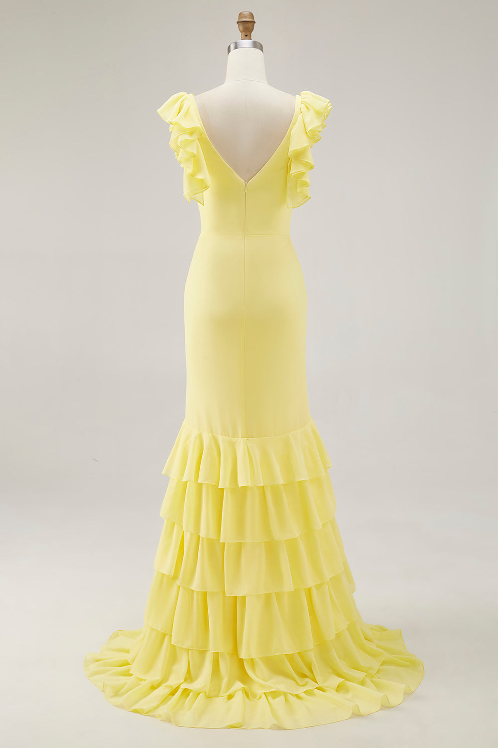 Gelbes Meerjungfrauen V-Ausschnitt Rüschen Abendkleid mit Schlitz