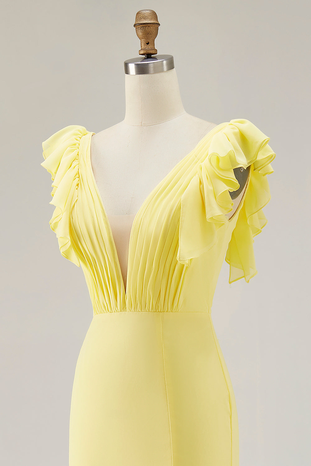 Gelbes Meerjungfrauen V-Ausschnitt Rüschen Abendkleid mit Schlitz