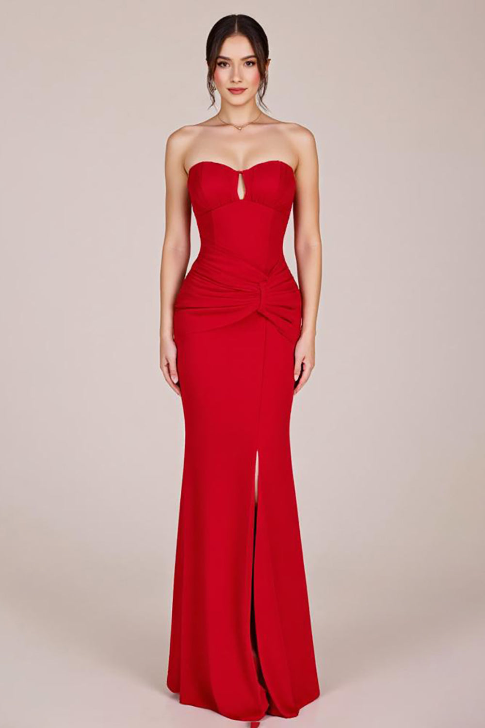 Rotes Trägerloses Gerafftes Meerjungfrauen Ballkleid mit Schlitz