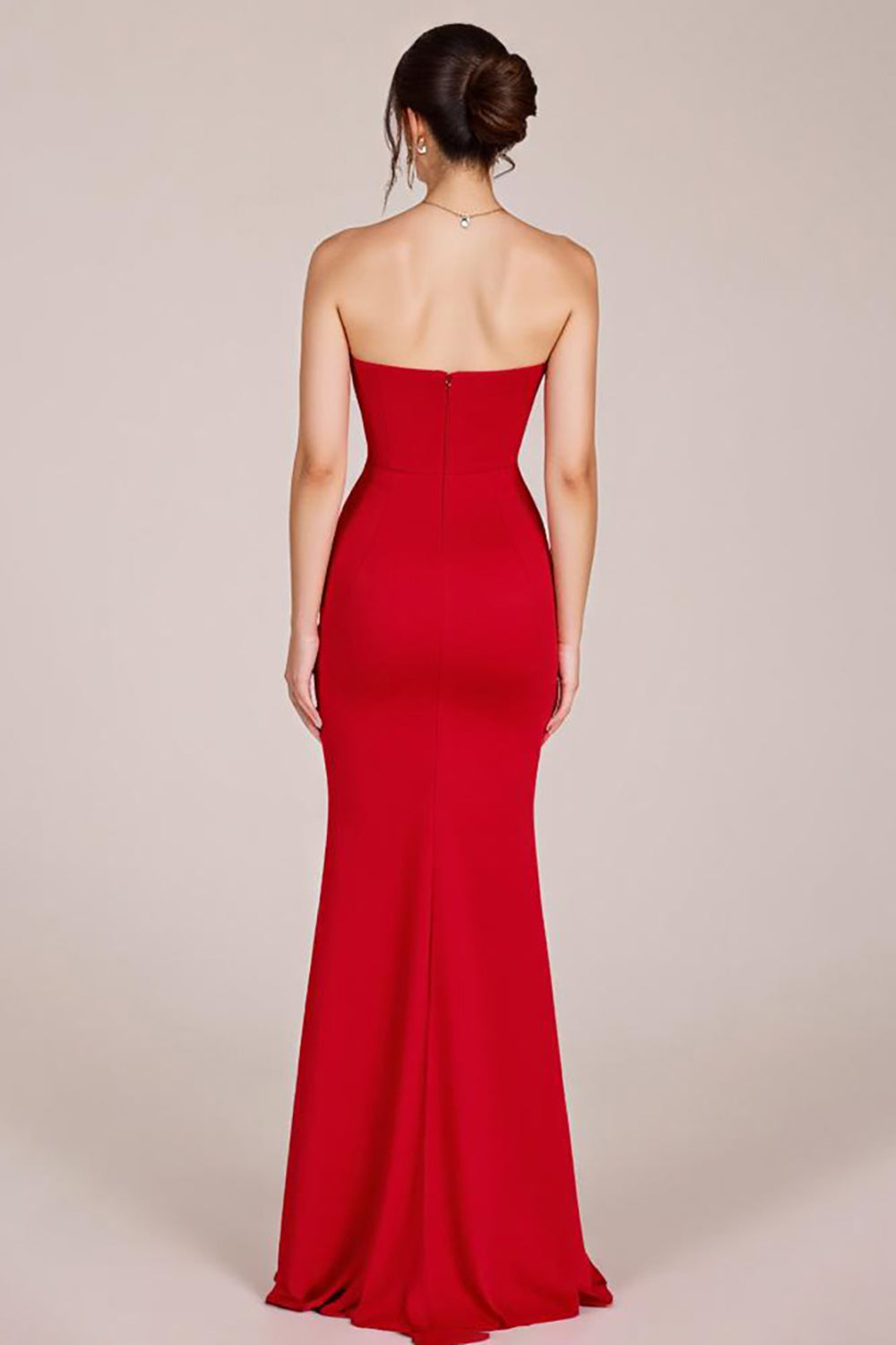 Rotes Trägerloses Gerafftes Meerjungfrauen Ballkleid mit Schlitz